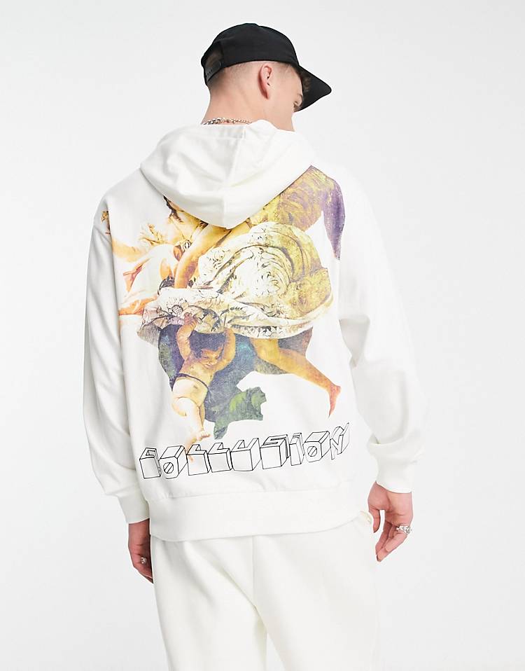 COLLUSION lightweight Renaissance back print hoodie in ecru